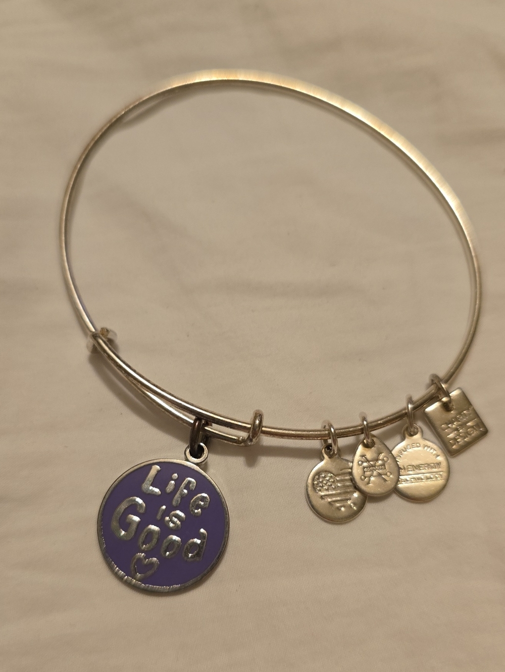 Alex And Ani Silver Tone 'Life is Good' Purple Charm Bangle Bracelet